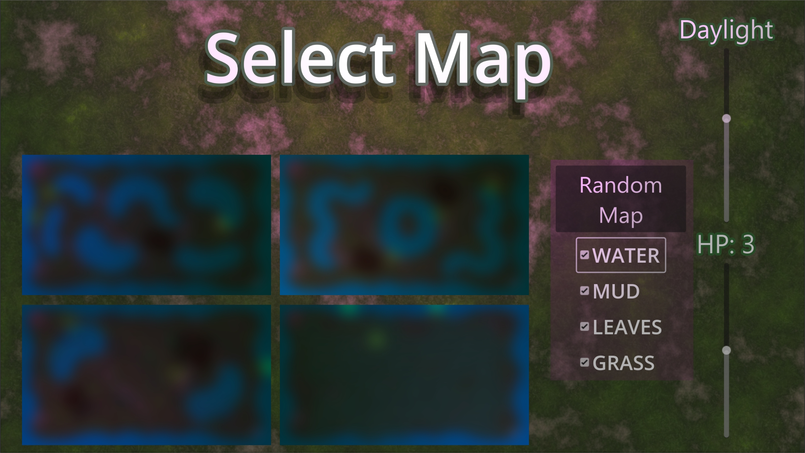 a menu, showing a map selection screen, a series of checkboxes have WATER, LEAVES, GRASS and MUD lables alongside a menu, showing a map selection screen, a series of checkboxes have WATER, LEAVES, GRASS and MUD lables alongside