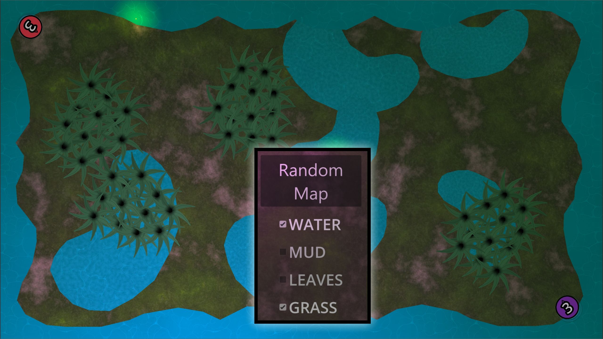 a top down view of a map, there is only water and grass on the arena a top down view of a map, there is only water and grass on the arena